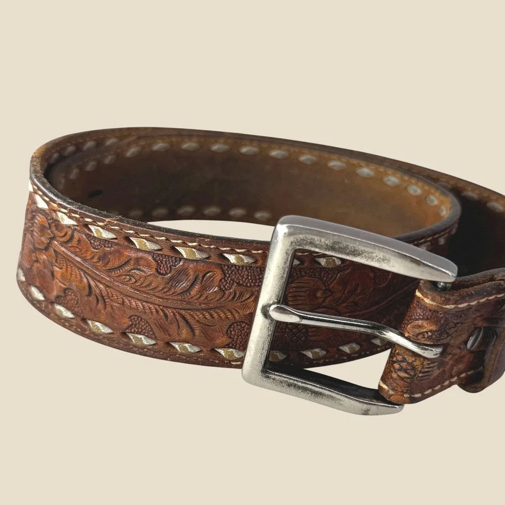 Vintage Tony Lama Belt Men 34 Brown Floral Tooled Leather Laced Trim Western